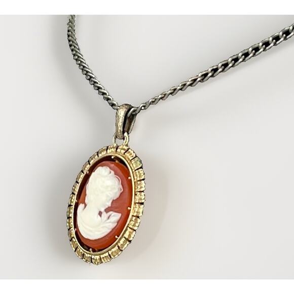Vintage Cameo or Fleur De Lis REVERSIBLE Pendant Necklace Gold Tone - 28” - Picture 3 of 14